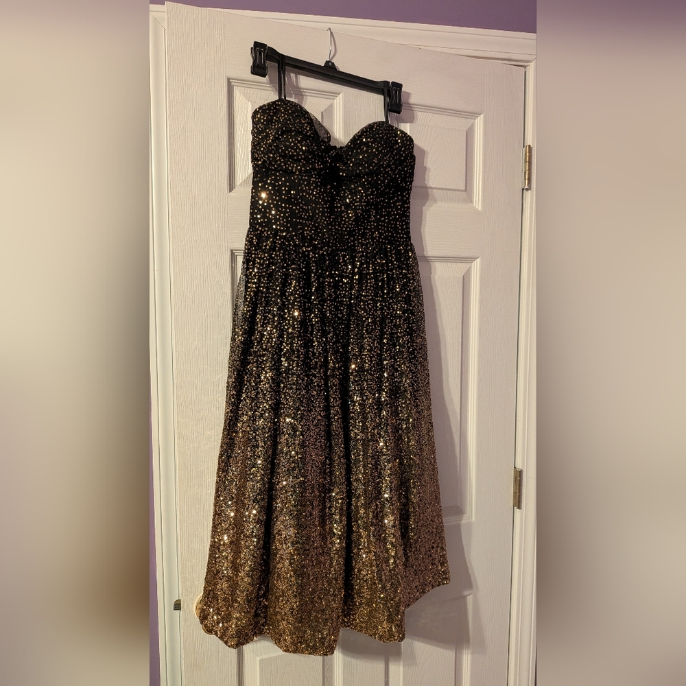 Eliza J black and gold strapless sparkle dress